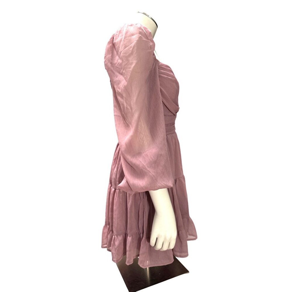 Windsor L Mauve Ruched Bust Smocked Back Puff Sleeve Tiered Mini Dress Party Y2K - Picture 5 of 10